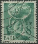 Obrázek k výrobku 29038 - 1948, Francouzská okupační zóna (Bádensko), 15, Výplatní známka: Osobnosti a obrázky z Bádenska (II): Dívka v kroji před Bodamským jezerem ⊙