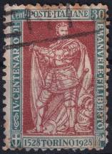 1928, Itálie, 0287A, 400. výročí narození knížete Filiberta Savojského, 10. výročí vítězství: Kníže Emanuel Filibrt Savojský stojící  ⊙