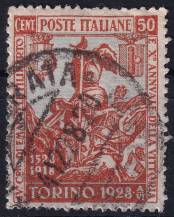 1928, Itálie, 0288B, 400. výročí narození knížete Filiberta Savojského, 10. výročí vítězství: Kníže Emanuel Filibert a pěšák z roku 1918  ⊙