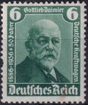 1936, Deutsches Reich, 0604, 50 let motorových vozidel; Otevření "Mezinárodní automobilové a motocyklové výstavy Berlín 1936": Gottlieb Daimler (1834-1900), strojní inženýr ✶