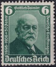 1936, Deutsches Reich, 0604, 50 let motorových vozidel; Otevření "Mezinárodní automobilové a motocyklové výstavy Berlín 1936": Gottlieb Daimler (1834-1900), strojní inženýr ✶