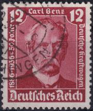 1936, Deutsches Reich, 0605, 50 let motorových vozidel; Otevření "Mezinárodní výstavy automobilů a motocyklů Berlín 1936" - Carl Benz ⊙