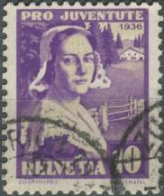 1936, Švýcarsko, 0307, "Pro Juventute": Kroje - Neuenburgerčanka ⊙
