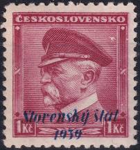 1939, Slovenský stát, 012VV, Výplatní známka: T. G. Masaryk (1850-1937) ✶✶