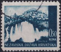 1941, Chorvatský stát, 048, Výplatní známka: Krajinky - Vodopád na Plivě, v pozadí Jajce ⊙