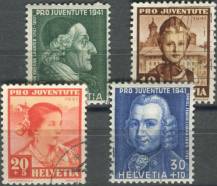 1941, Švýcarsko, 0399/0402, "Pro Juventute": 200. výročí narození Johanna Kaspara Lavatara; 200. výročí úmrtí Daniela Jeanricharda; Kroje ⊙