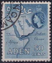 1955, Aden, 67A, Výplatní: královna Alžběta II. - mapa Adenu ⊙