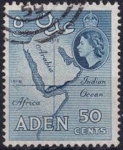 1956, Aden, 67C, Výplatní: královna Alžběta II. - mapa Adenu ⊙