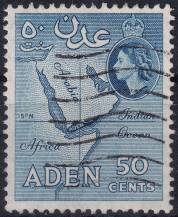 1956, Aden, 67C, Výplatní: královna Alžběta II. - mapa Adenu ⊙