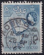 1956, Aden, 67C, Výplatní: královna Alžběta II. - mapa Adenu ⊙