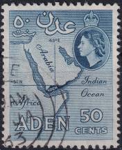 1956, Aden, 67C, Výplatní známka: Královna Alžběta II. - mapa Adenu ⊙