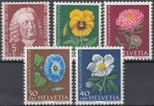 1958, Švýcarsko, 0663/0667, Pro Juventute: 250. výročí narození Albrechta Hallera, Zahradní květiny, **