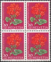 1963, Švýcarsko, 0788x, Pro Juventute: Zahradní květiny - Pelargonium hybr. ** 4blok