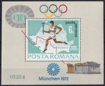 1972, Rumunsko, A093, Letecké: Letní olympijské hry, Mnichov (I) - Běžec s olympijským ohněm před mapou Rumunska  ✶✶