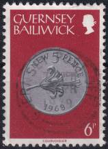 1979, Guernsey, 0178, Výplatní známka: Mince - 5 nových pencí  ⊙