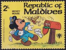 1979, Maledivy, 0849, Figurky Walta Disneye: Mickey Mouse a poštovní schránka jako hnízdo ✶✶