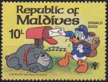 1979, Maledivy, 0853, Mezinárodní rok dětí: Figurky Walta Disneye: Kačer Donald, Buldok ✶✶