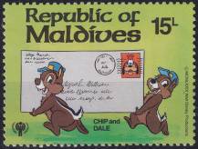 1979, Maledivy, 0854, Mezinárodní rok dětí: Figurky Walta Disneye: Čipmánkové nesou dopis ✶✶
