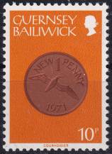 1980, Guernsey, 0199, Výplatní známka: Mince - 1 nová penny ✶✶ 