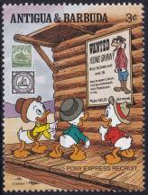 1989, Antigua a Barbuda, 1275, Podpora filatelie: figurky Walta Disneye - známka Wells-Fargo-Ponyexpress ✶✶