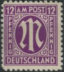 Obrázek k výrobku 30254 - 1945, Americká a Britská okupační zóna, 013, Výplatní známka: \"M\" v oválu ∗∗