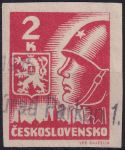 Obrázek k výrobku 53265 - 1945, ČSR II, 0354, Výplatní známka: Košické vydání: Hlava rudoarmějce a státní znak ⊙